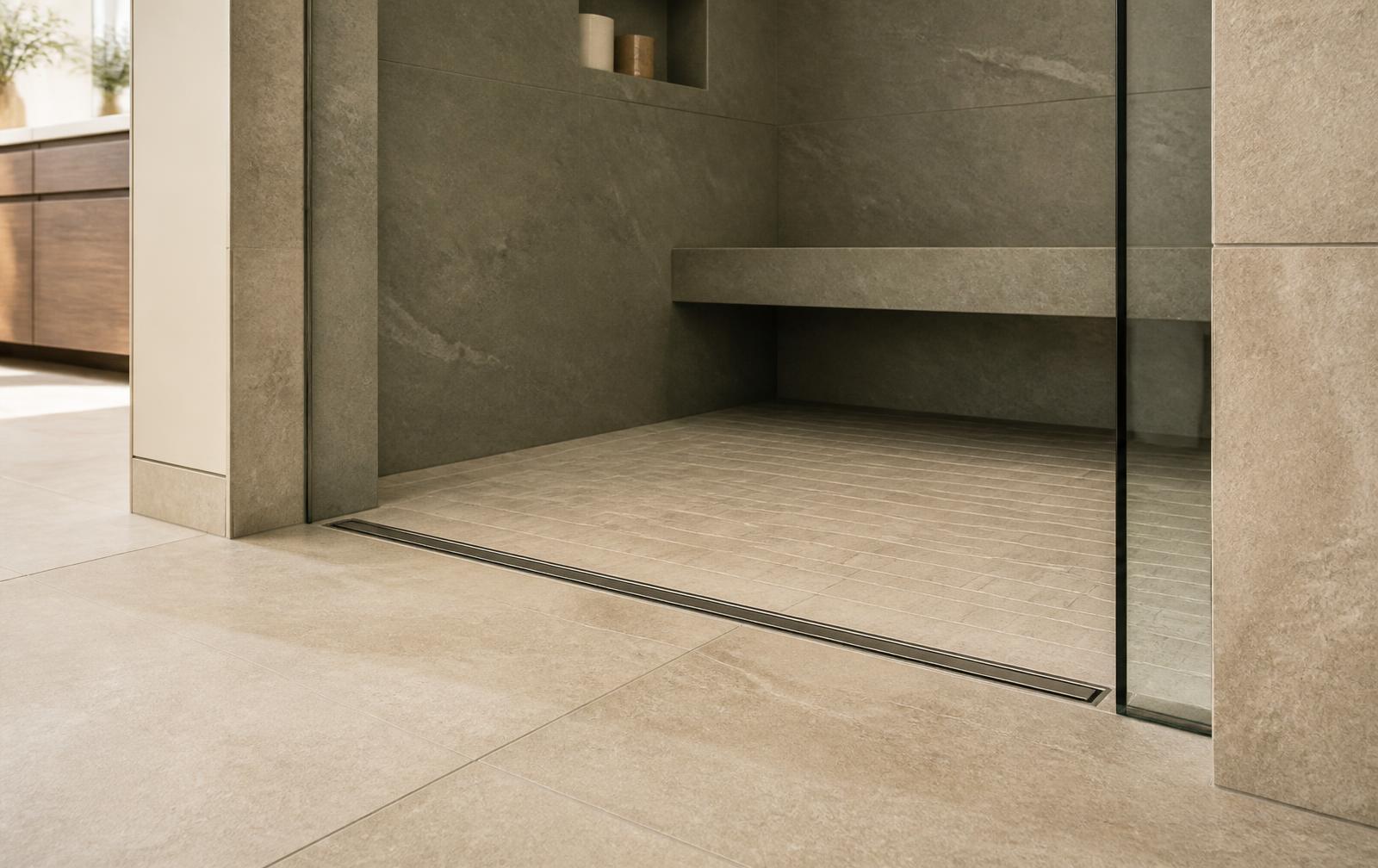 Close view of tile being set on a shower wall with even joints and a level ledge